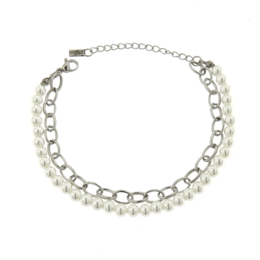 Perla e Catena-Bracciale in Acciaio con Chiusura - BAC-413-2058