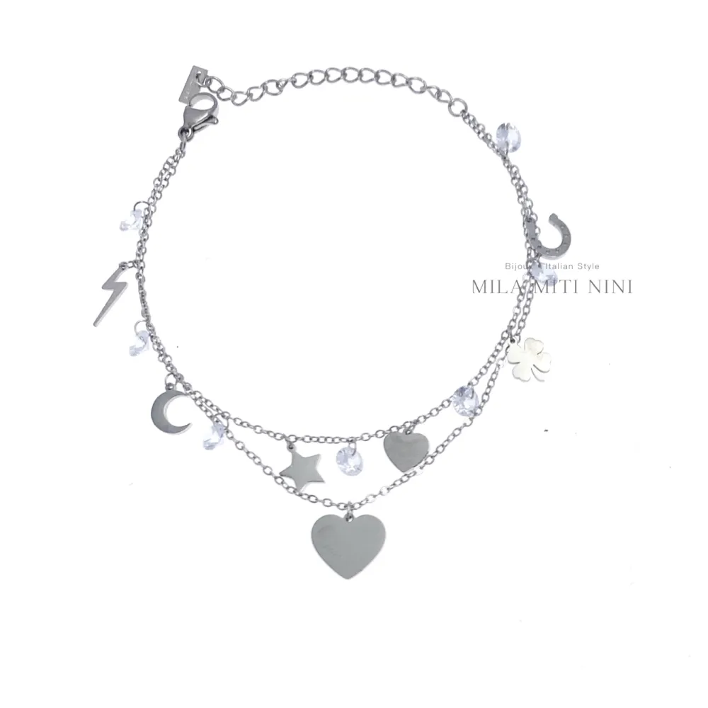 Doppio Cuore Stella Zirconia-Bracciale in Acciaio con Chiusura - BAC-413-771 (Argento)