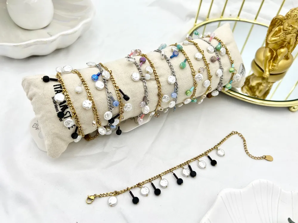 [BAC-732-247] Perline Pendente-Bracciale in Acciaio - BAC-732-247 (Bianco/Oro)