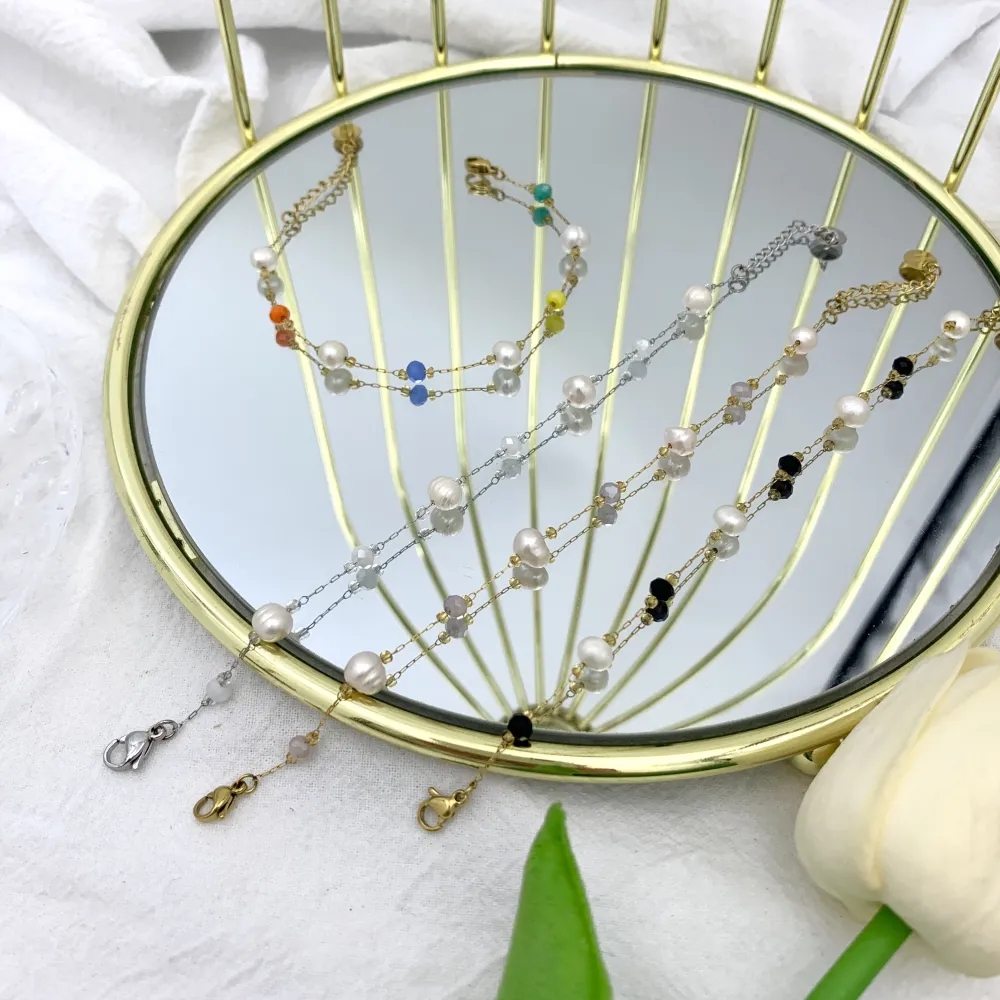 Semplice Perla di Fiume e Cristalli-Bracciale in Acciaio - BAC-732-37