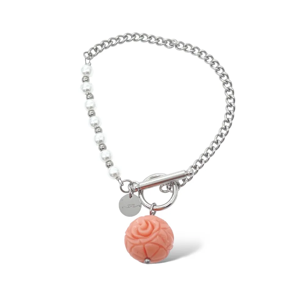 Pallina Fiore Rosa -Bracciale in Acciaio - BAC-765-19 (Argento)