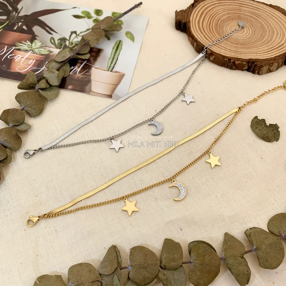 BAC413-1356-Doppio Serpente stella Luna-Bracciale in Acciaio - BAC413-1252 (Argento)