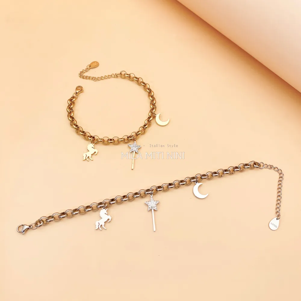 [BAC413-1253] Unicorno Bacchetta Magica Luna -Bracciale in Acciaio con Chiusu - BAC413-1253 (Argento)