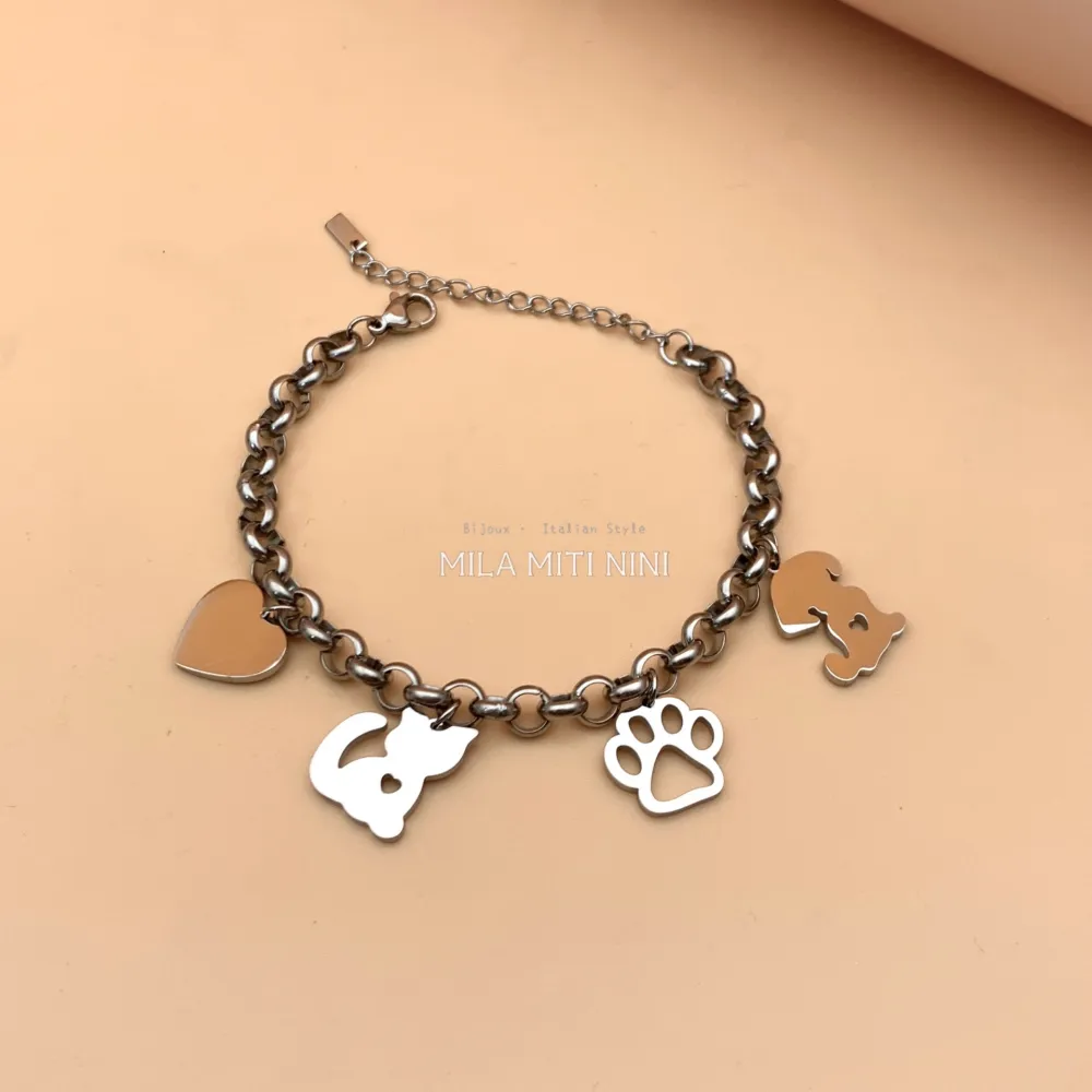 [BAC413-354] Zampa Cane Gatti -Bracciale in Acciaio con Chiusura - BAC413-354 (Argento)