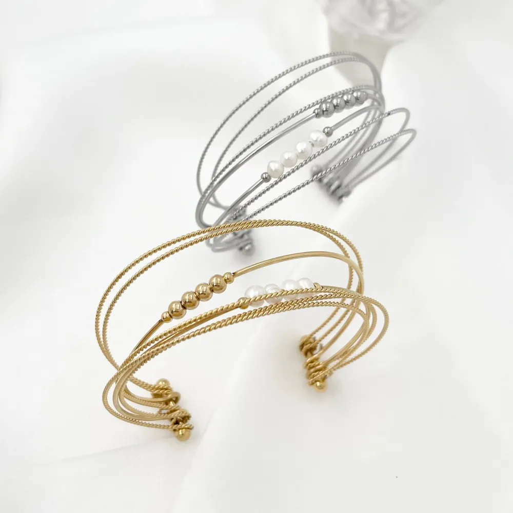 Multifili con Perla-Bracciale Rigido in Acciaio - BAR-208-310 (Oro Giallo)