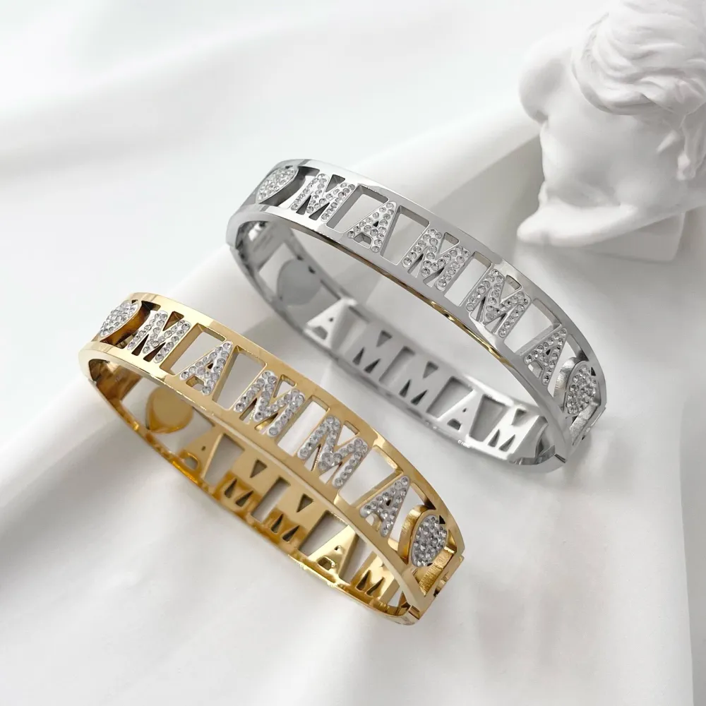 Mamma-Bracciale con Scritte Rigido in Acciaio - BAR-413-1274 Mamma (Oro Giallo)