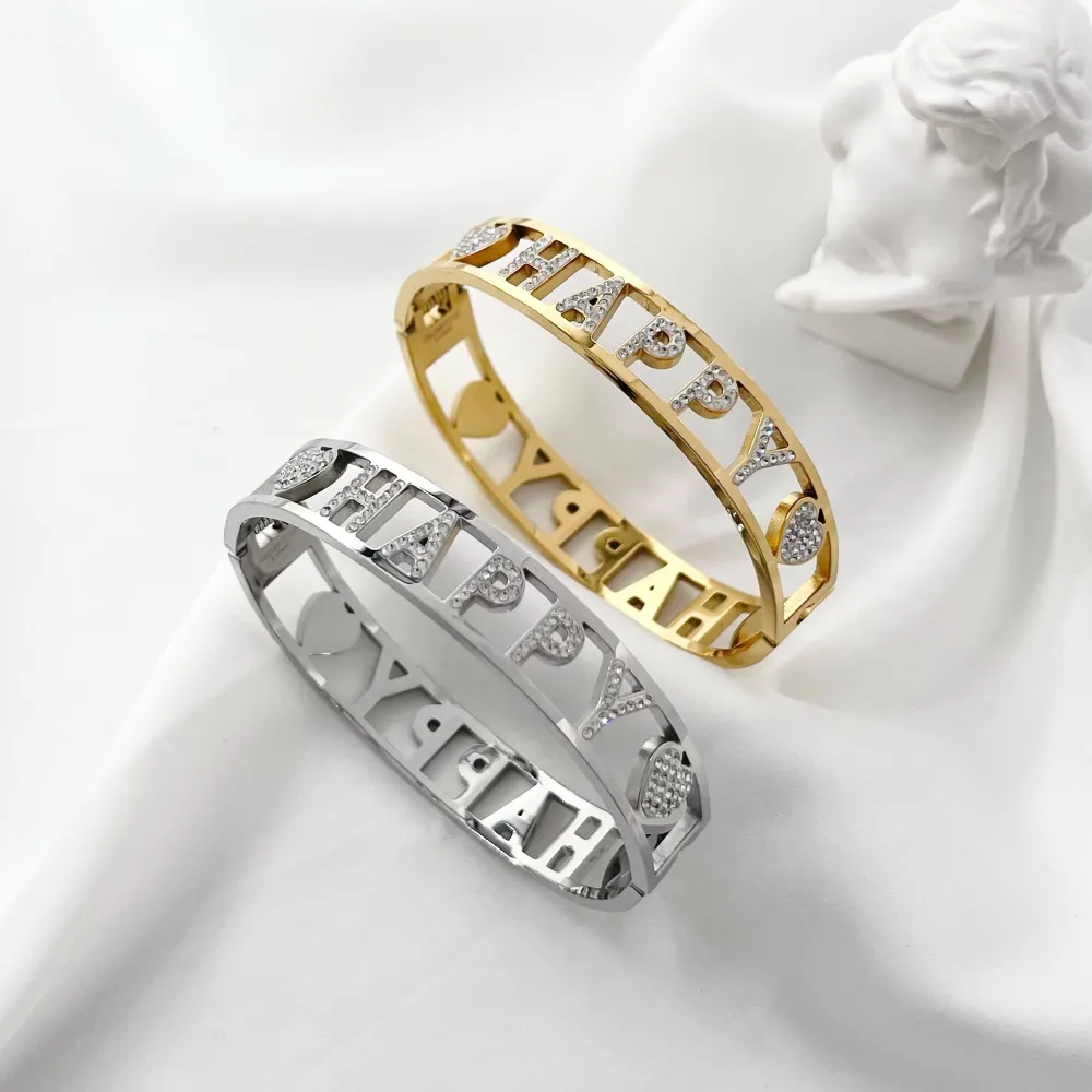 Happy-Bracciale con Scritte Rigido in Acciaio - BAR-413-1278 Happy