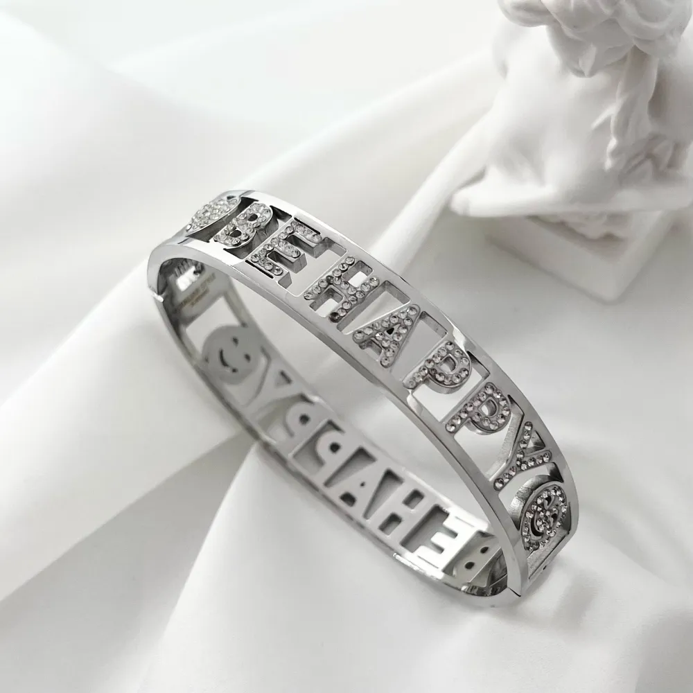 BE HAPPY-Bracciale con Scritte Rigido in Acciaio - BAR-413-D14 BE HAPPY