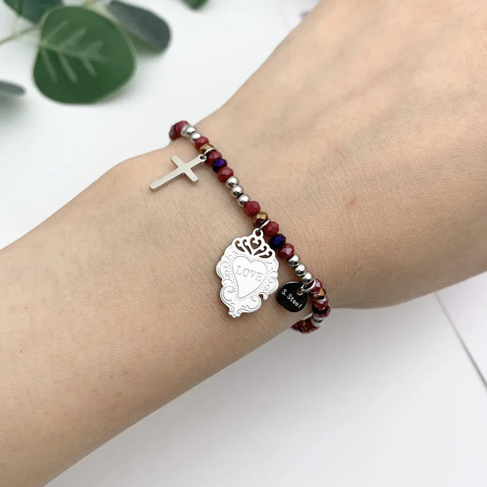 [BPA7674-Croce Sacro Cuore-12 Pz Bracciali in Acciaio] 12Pz Bracciali Elastici in Acciaio+Cuscino in Omaggio - BPA7674-Croce Sacro Cuore-12 Pz Bracciali in Acciaio