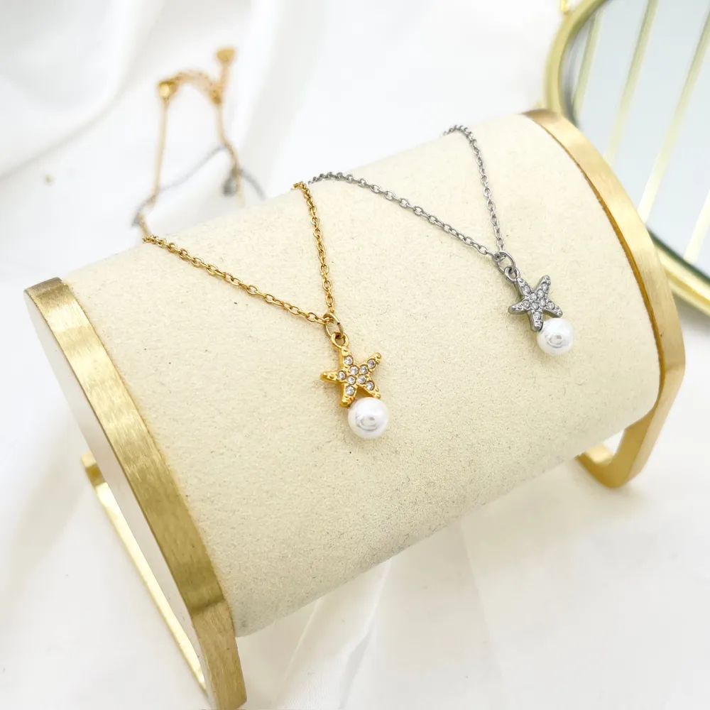 Stella Marina con Perla-Collana Girocollo in Acciaio - CAC-103-5057N