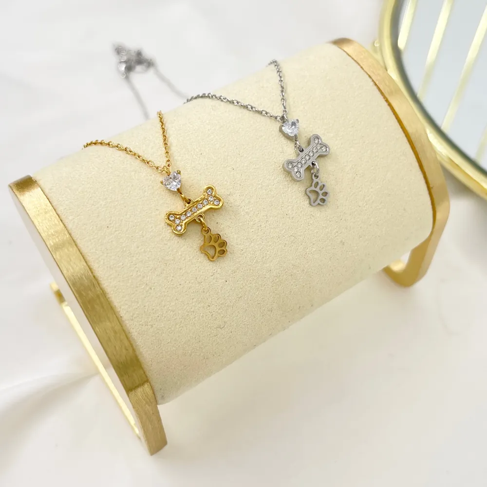 Osso con Zampa-Collana Girocollo in Acciaio - CAC-103-5264N (Argento)