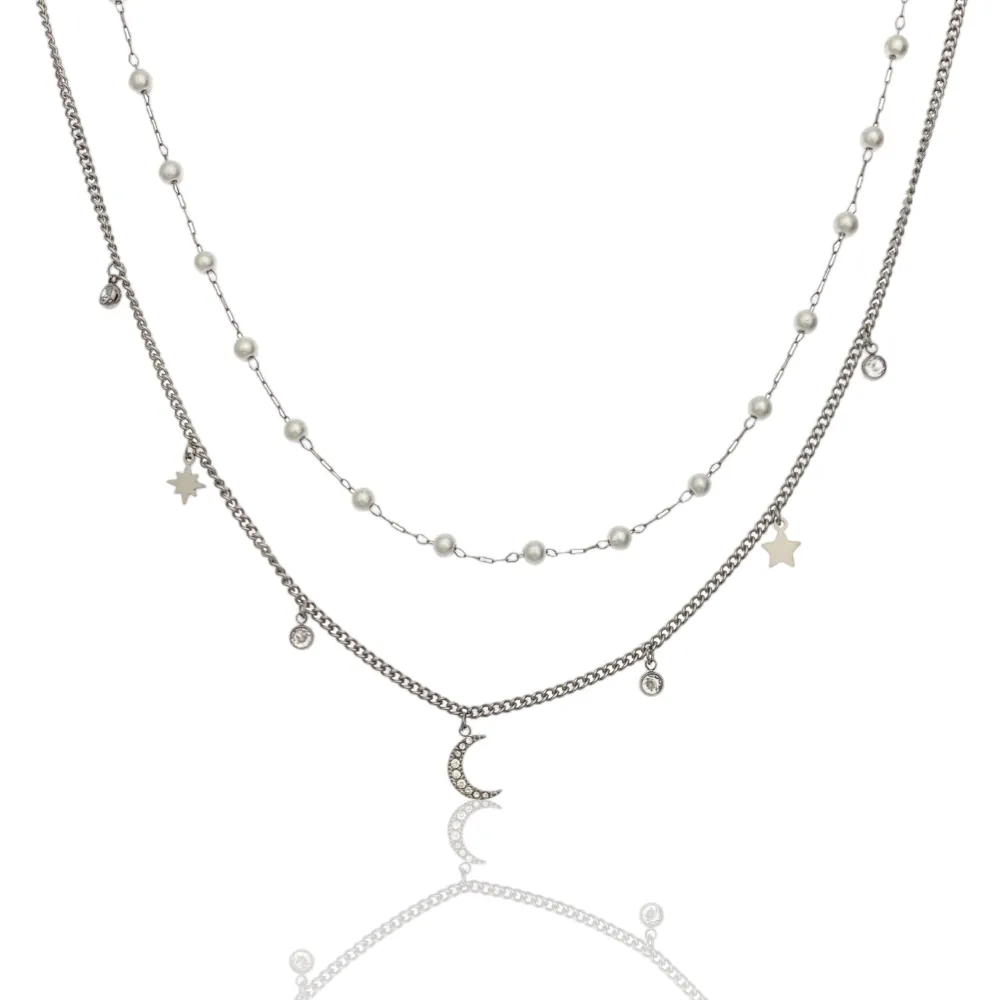 Doppio Perla e Luna-Collana Corta in Acciaio - CAC-103-AA1161N