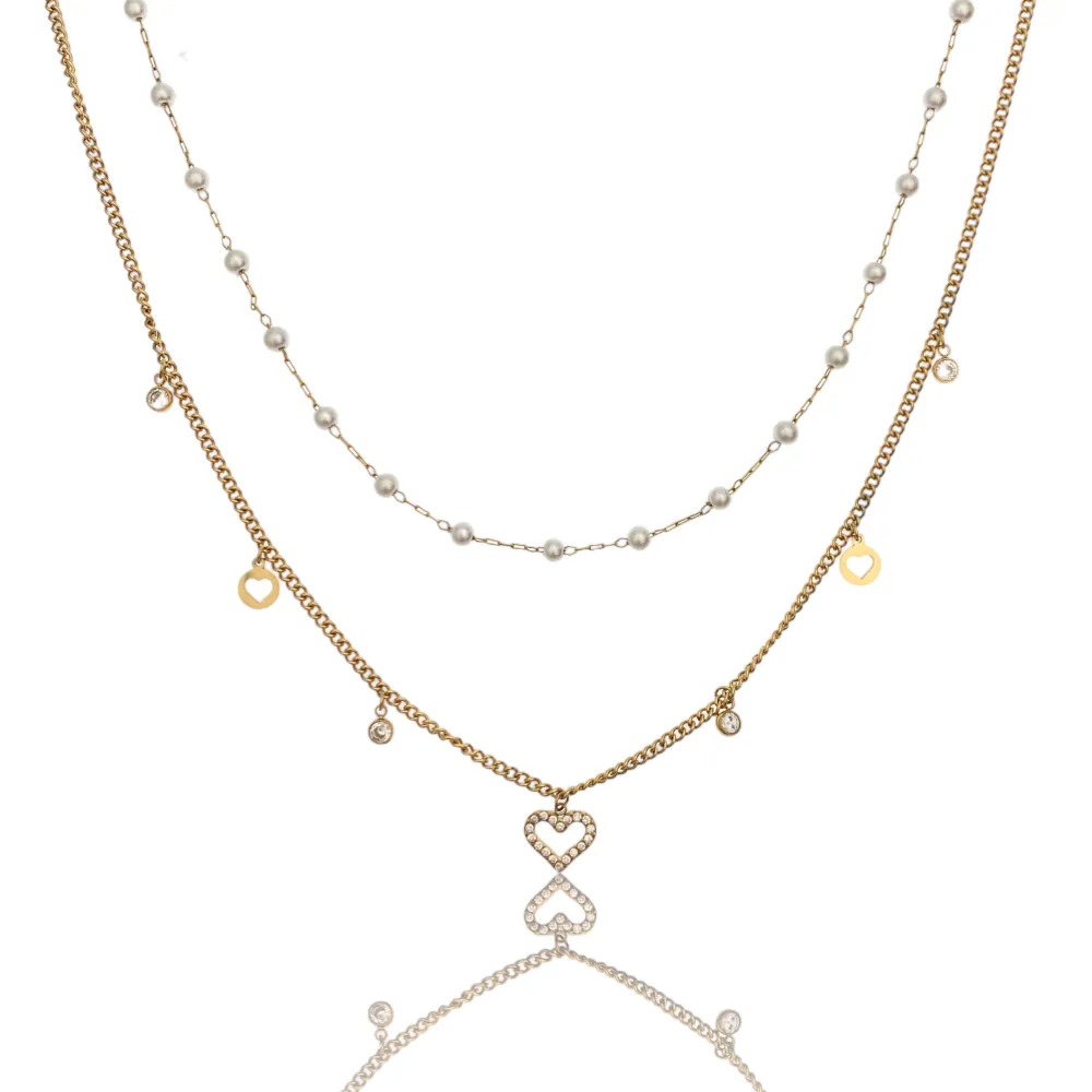 [CAC-103-AA1163N] Doppio Perla e Cuore-Collana Corta in Acciaio - CAC-103-AA1163N (Oro Giallo)