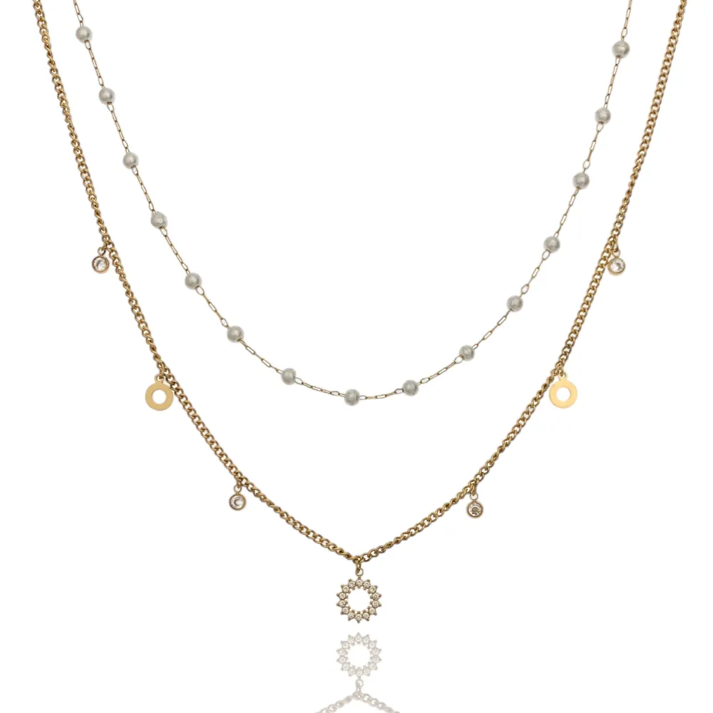 [CAC-103-AA1167N] Doppio Perla e Cerchio-Collana Corta in Acciaio - CAC-103-AA1167N (Oro Giallo)