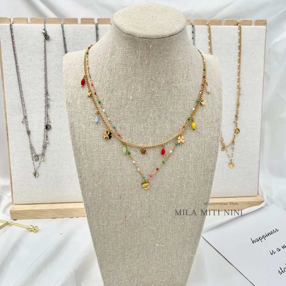 Doppio con Quadrifoglio -Collana Corta in Acciaio - CAC-103-AA148N