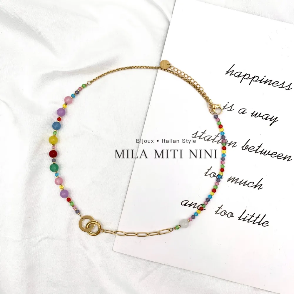 Pietre Colorate Doppio Cerchio-Collana Corta in Acciaio - CAC-103-AA149N