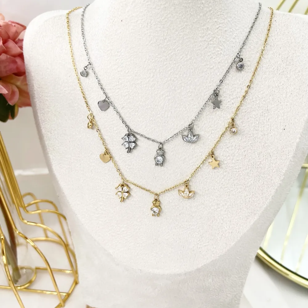 Quadrifoglio Orsetto-Collana Corta in Acciaio - CAC-103-AA2782N