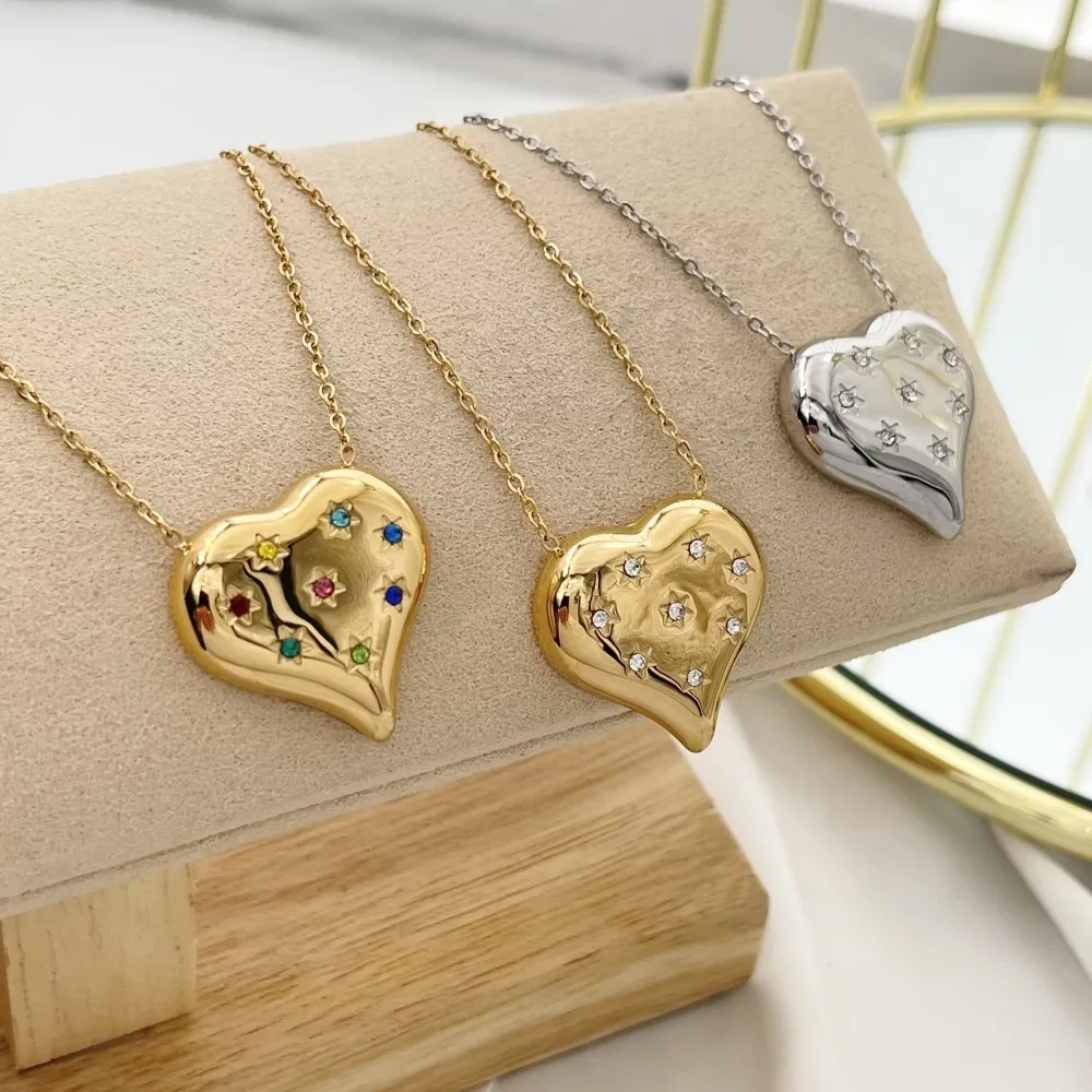 Cuore con Punti Luci Stella-Collana Girocollo in Acciaio - CAC-103-AA3502N (Bianco/Oro)