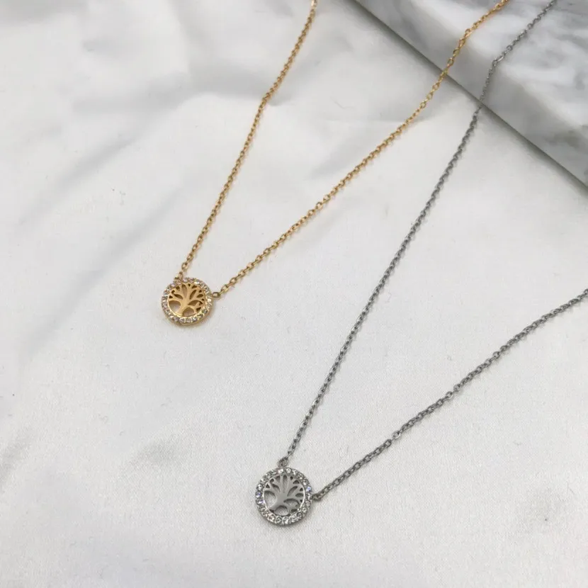 Albero della Vita con Zirconia-Collana Corta in Acciaio - CAC-103-AA36N (Oro Giallo)