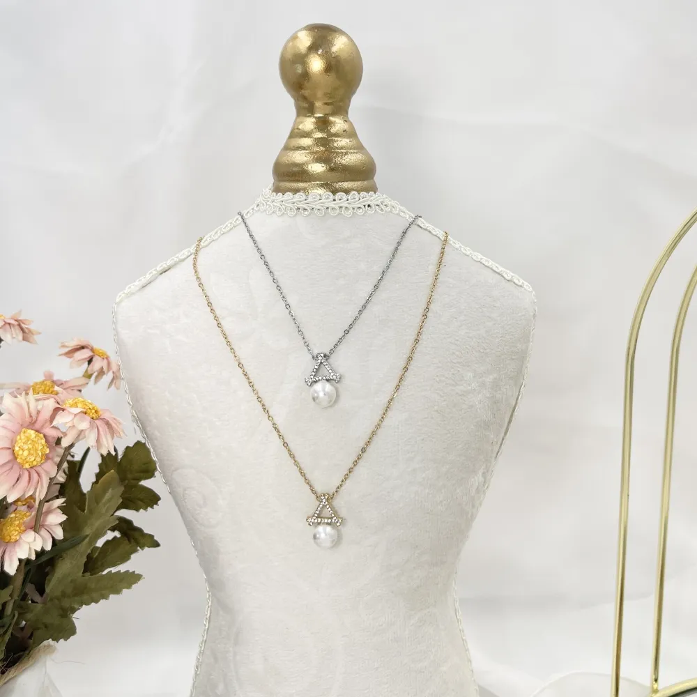 Triangolo con Perla-Collana Corta in Acciaio - CAC-103-AA4163N (Argento)