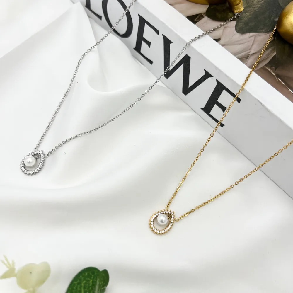 Goccia con Perla -Collana Girocollo in Acciaio - CAC-103-AA4166N (Argento)