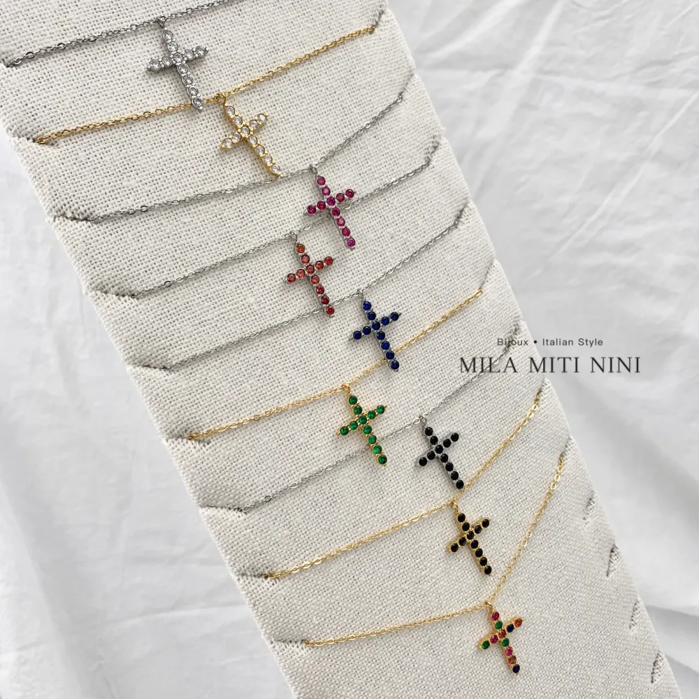 Croce con Zirconia -Collana Corta in Acciaio - CAC-103-AA495N