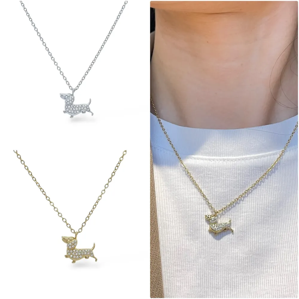 Cane Bassotto con Zirconia-Collana Corta in Acciaio - CAC-103-AA5655N
