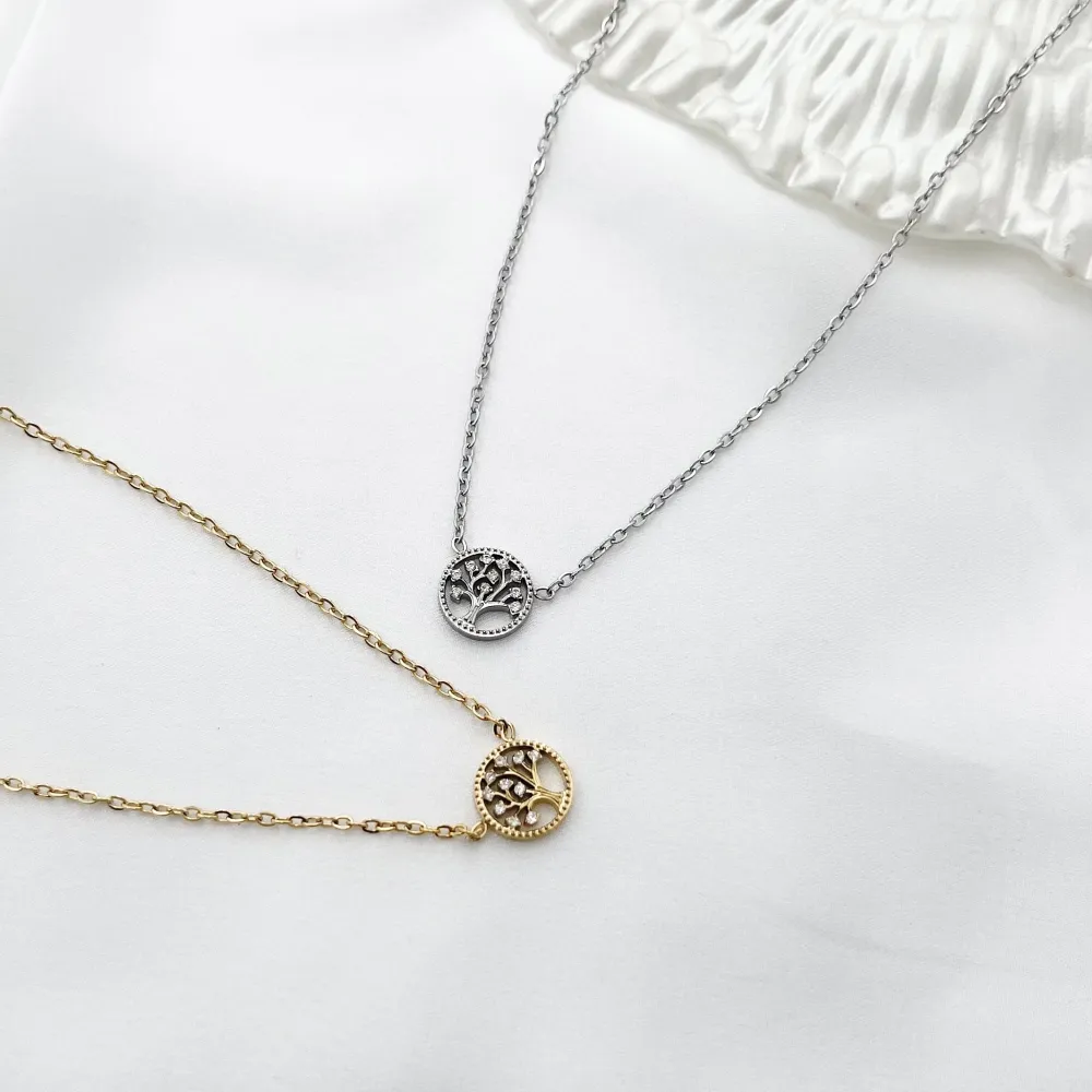 Albero della Vita con Zirconia-Collana Corta in Acciaio - CAC-103-AA574N (Oro Giallo)