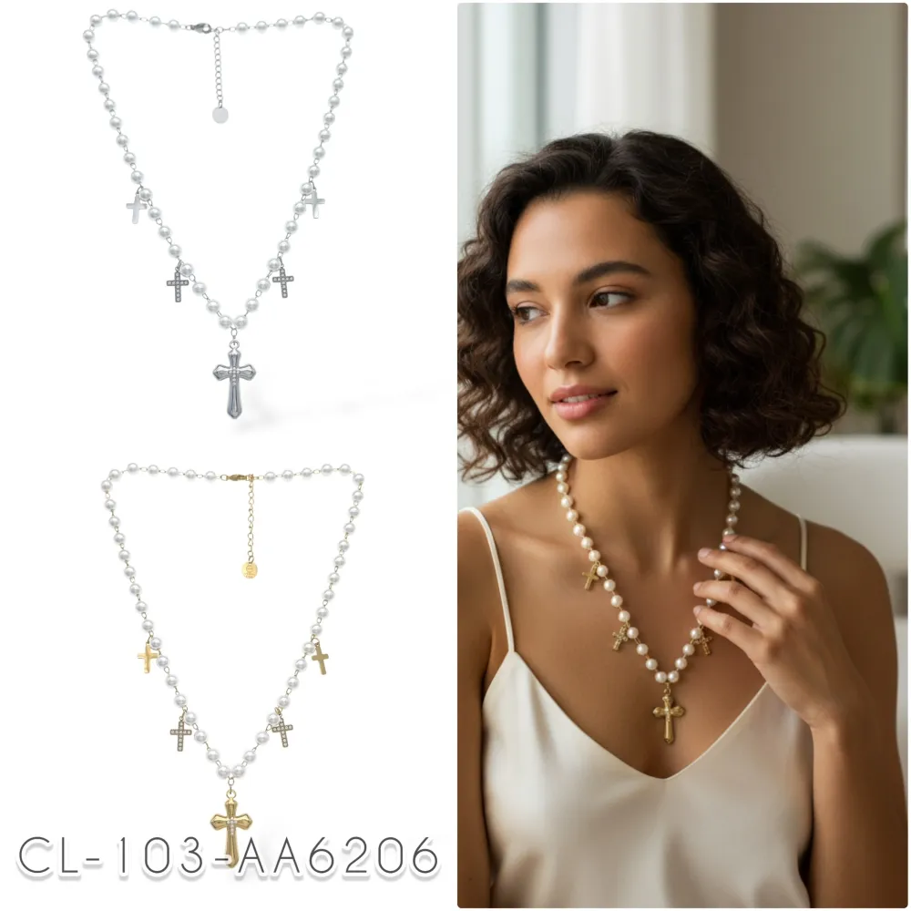 Perla con Croce-Collana Corta in Acciaio - CAC-103-AA6206N (MIX)