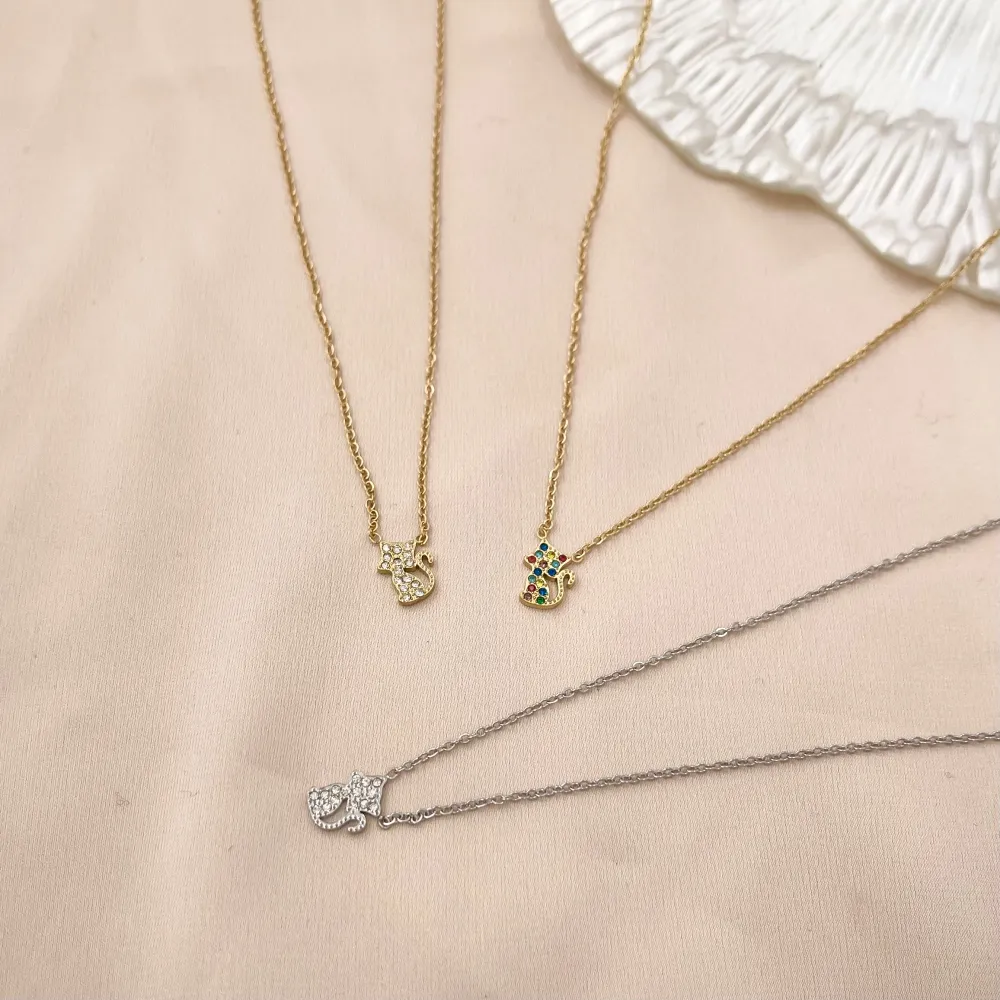 Gatto con Zirconia-Collana Corta in Acciaio - CAC-103-AA763N (Oro Giallo)