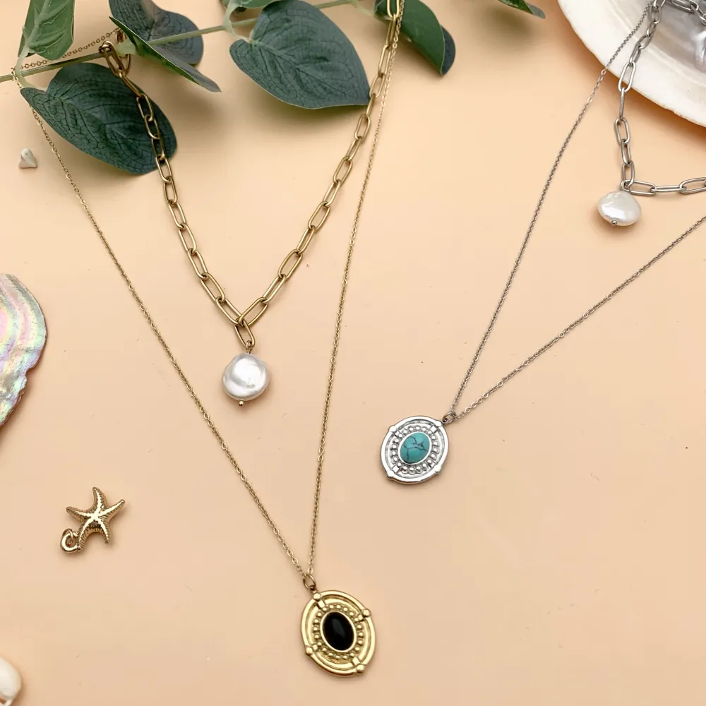 (3 pezzi) CAC-Perla e Ovale - Collana Corta doppio filo in Acciaio - CAC-104-139 (Argento)