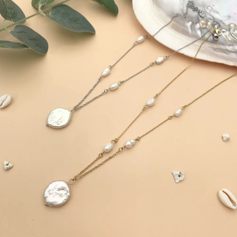 (3 pezzi) CAC7604-Perla -Collana Corta in Acciaio - CAC-104-SD-102 (Argento)