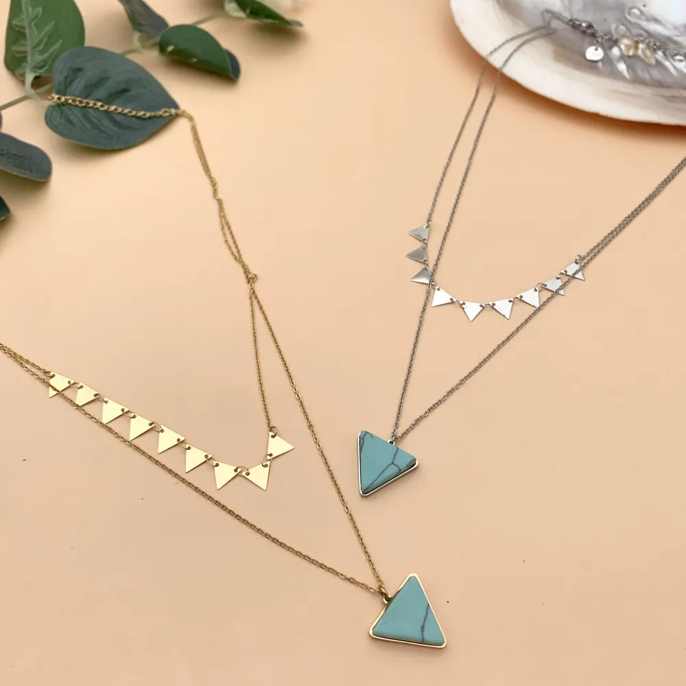 (3 pezzi) CAC4156-Triangolo- Collana Corta doppio filo in Acciaio - CAC-104-SD-125