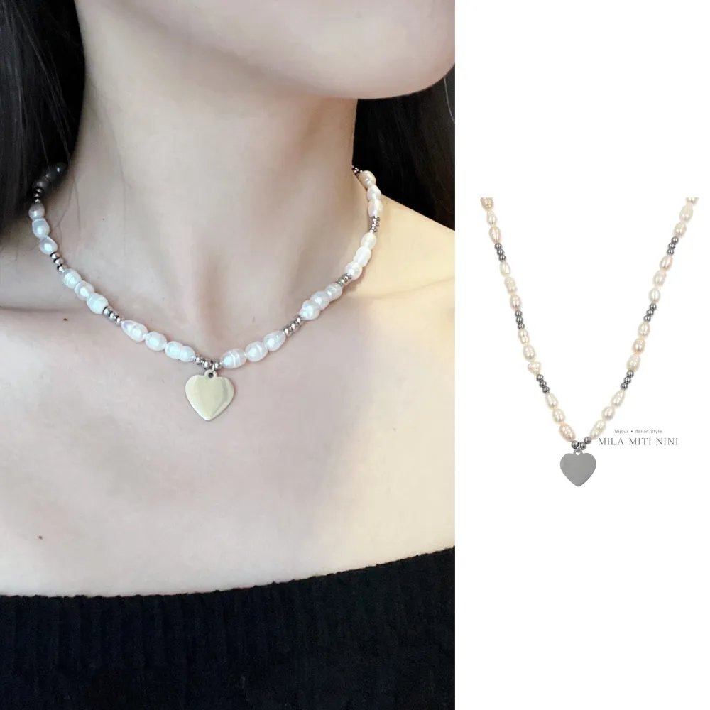 [CAC-176-454A] Perla con Cuore-Collana Corta in Acciaio - CAC-176-454A