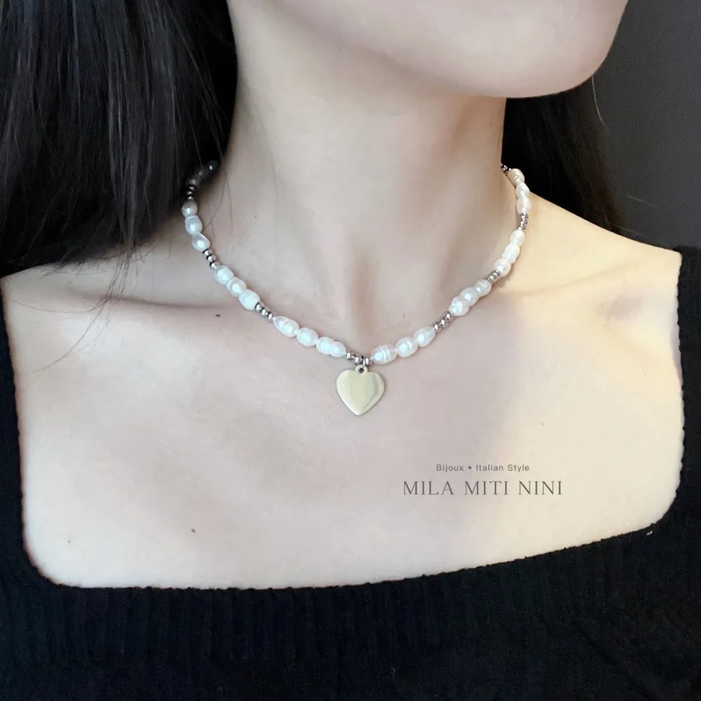 Perla con Quadrifoglio-Collana Corta in Acciaio - CAC-176-454B