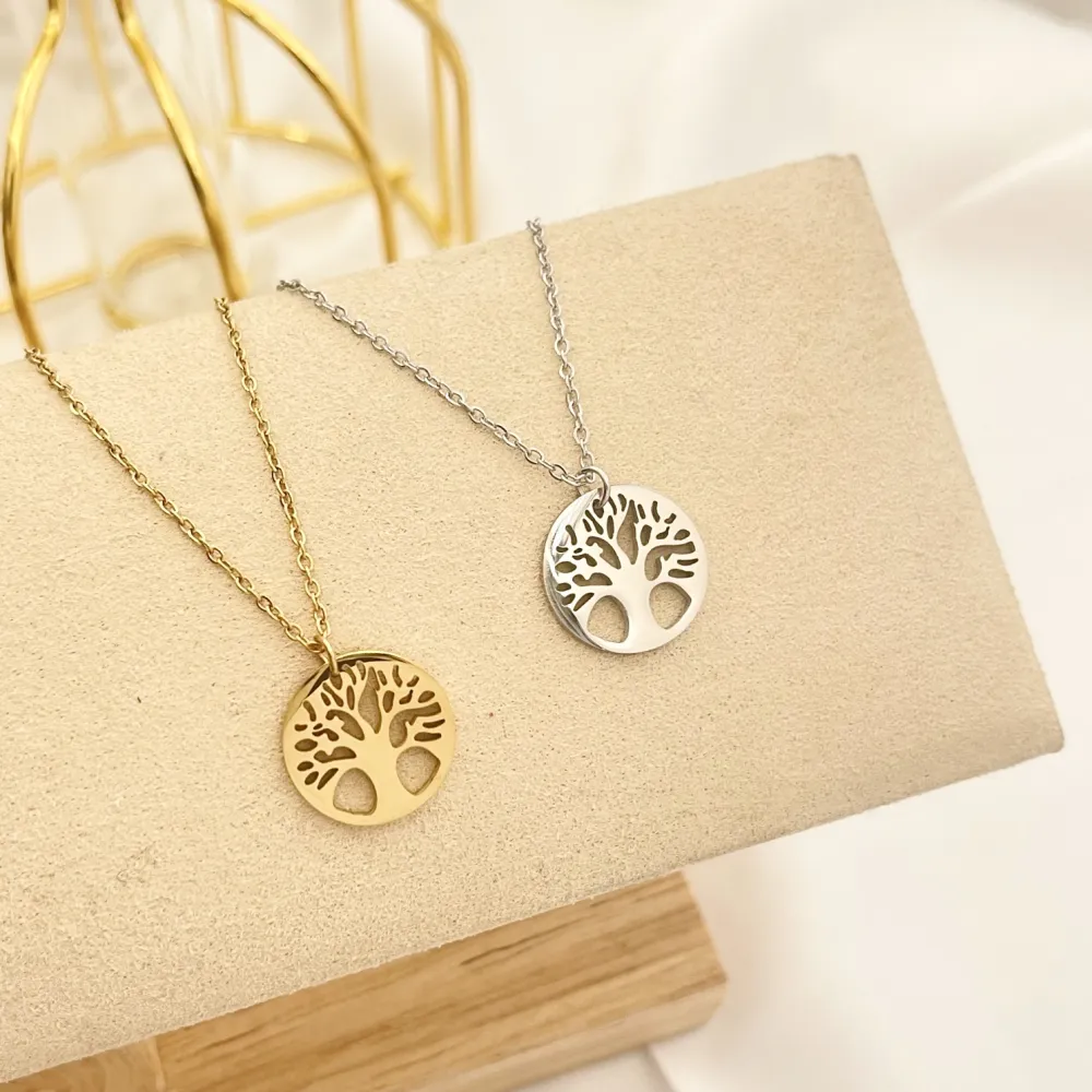 Albero della Vita-Collana Corta in Acciaio - CAC-413-025S (Oro Giallo)