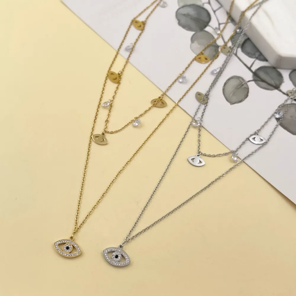 Doppio Zirconia occhio -Collana Corta in Acciaio - CAC-413-1712