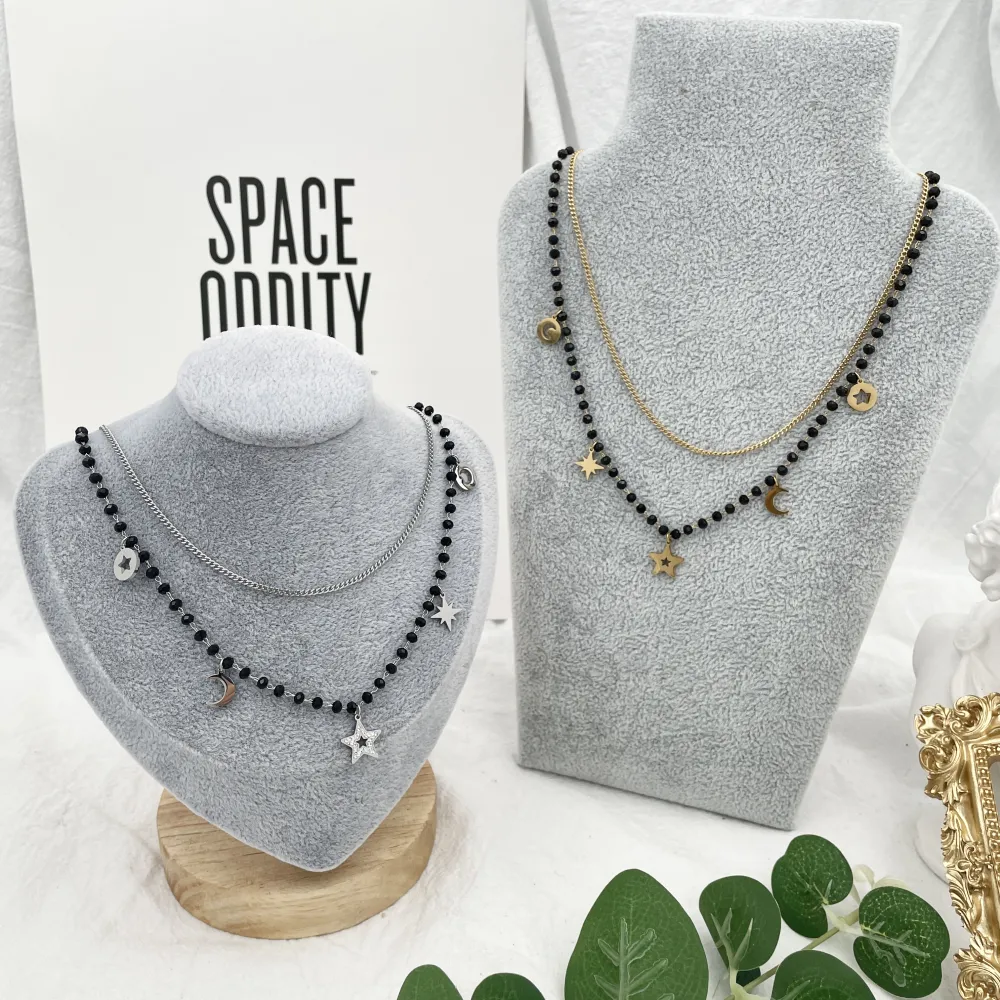 Cristalli Neri Stella Luna  -Collana Corta in Acciaio - CAC-413-1832