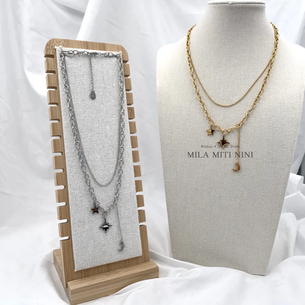 Doppio Stella Luna -Collana Corta in Acciaio - CAC-413-1842