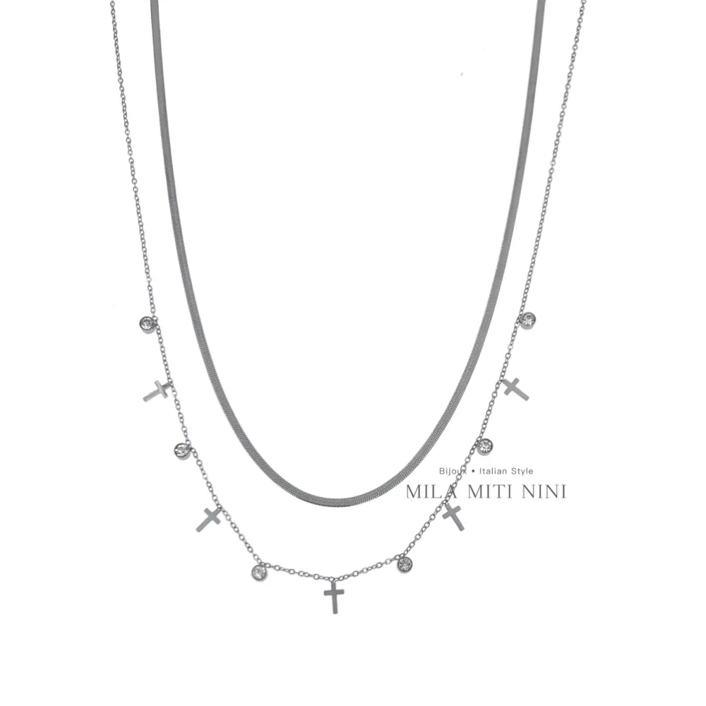 Doppio Serpente con Croce-Collana Corta in Acciaio - CAC-413-2034