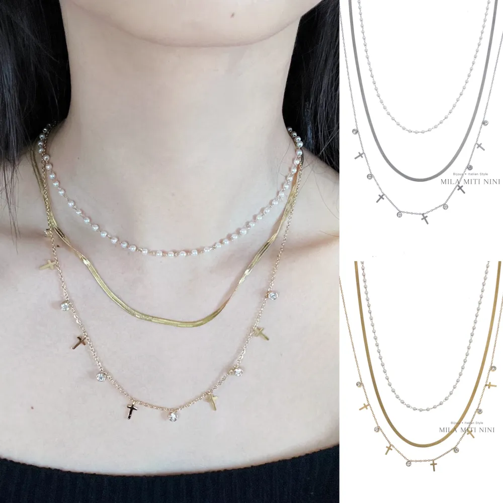 Multifilo Perla Croce-Collana Corta in Acciaio - CAC-413-2039