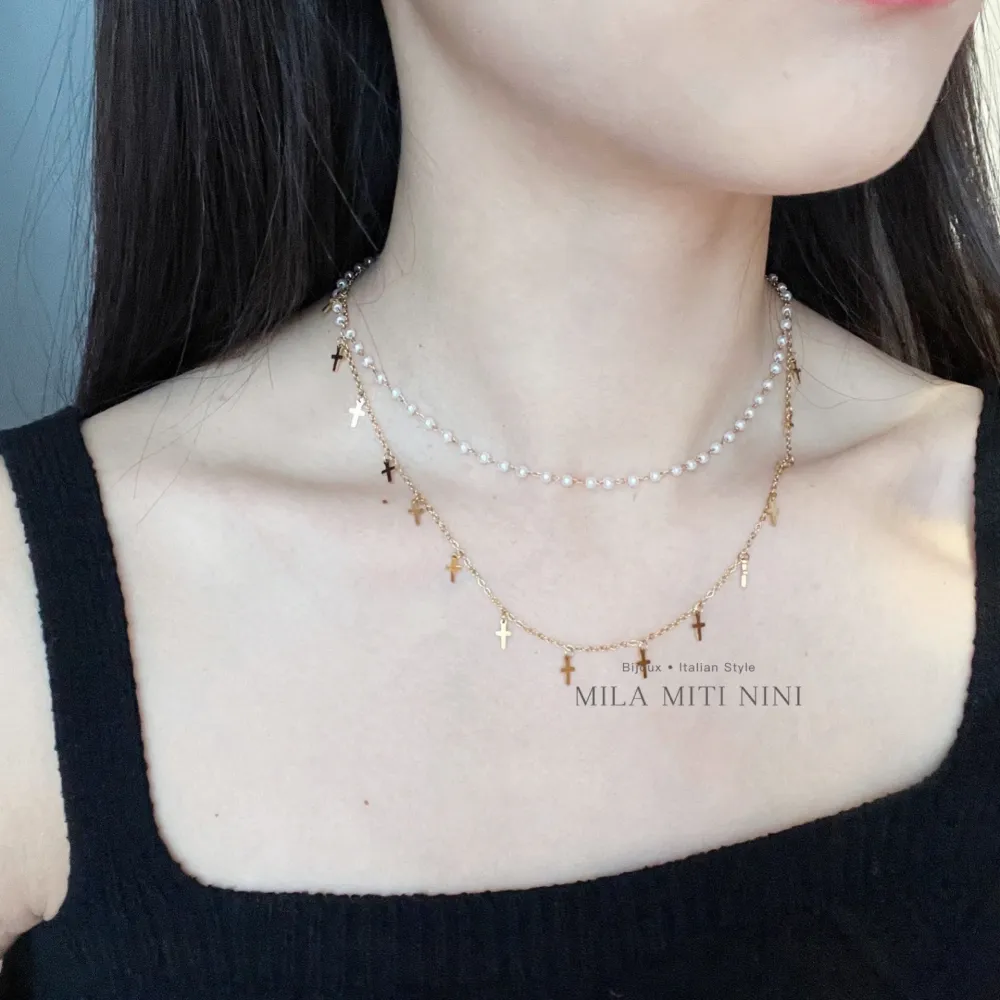 Doppio Perla con Croce-Collana Corta in Acciaio - CAC-413-2041 (Oro Giallo)