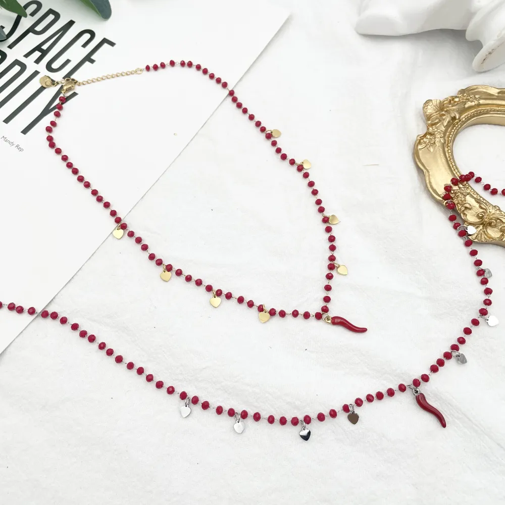 Cristalli Rossi con Cornino e Cuore -Collana Corta in Acciaio - CAC-413-2108