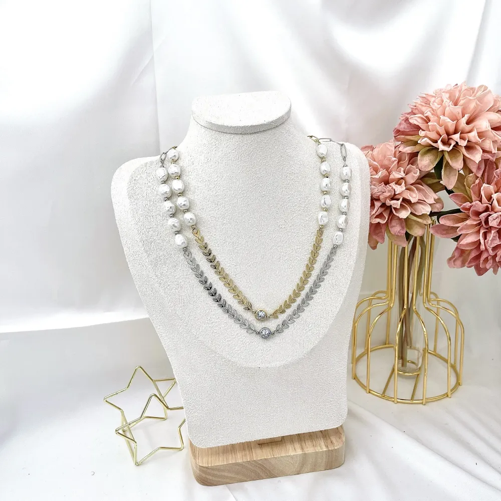 Foglia e Perla -Collana Corta in Acciaio - CAC-413-2210