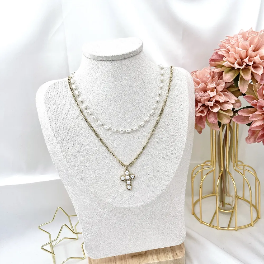 Doppio con Croce-Collana Corta in Acciaio - CAC-413-2298