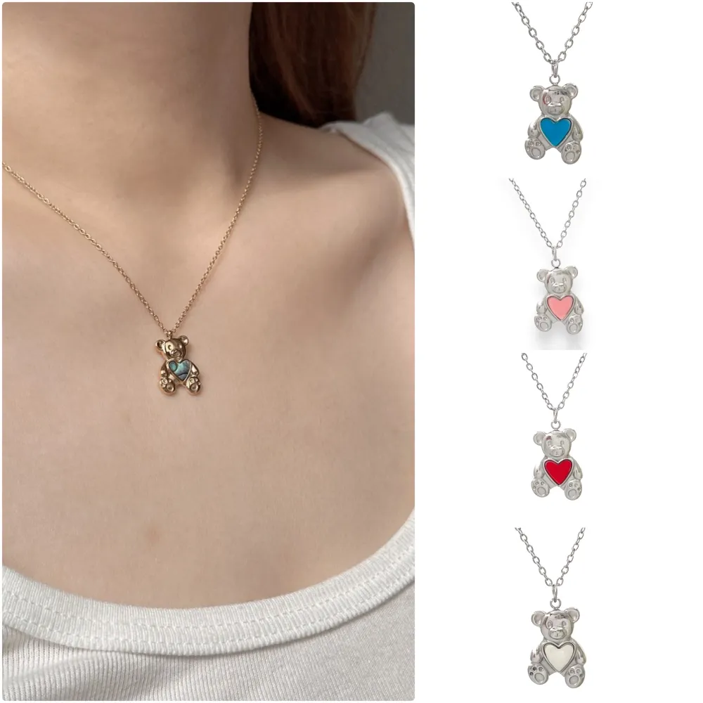 [CAC-413-3005] Orsetto con Cuore Smaltato-Collana Girocollo in Acciaio - CAC-413-3005 (Bianco/Oro)