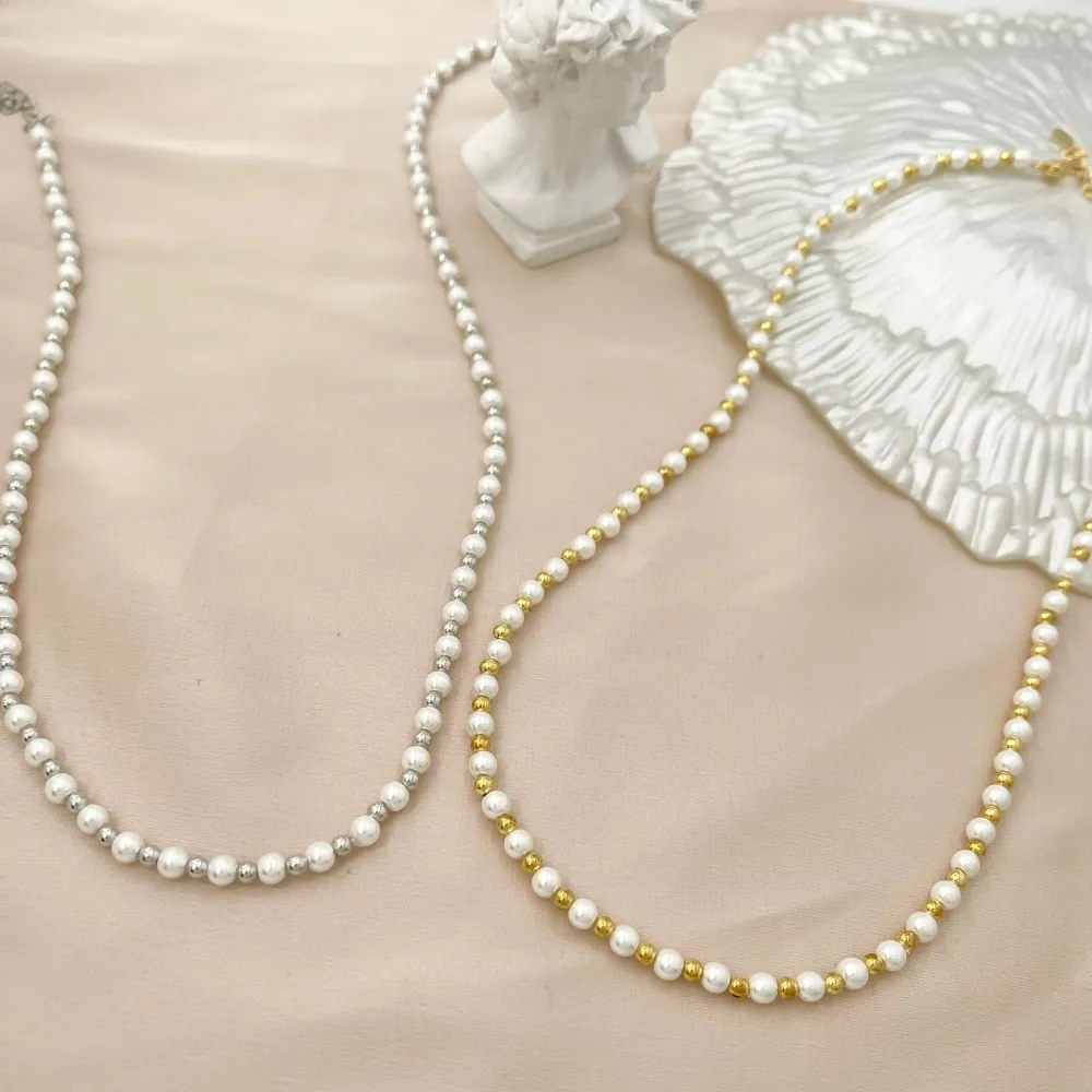 Perla di Conchiglia 4mm-Collana Corta in Acciaio - CAC-415-36