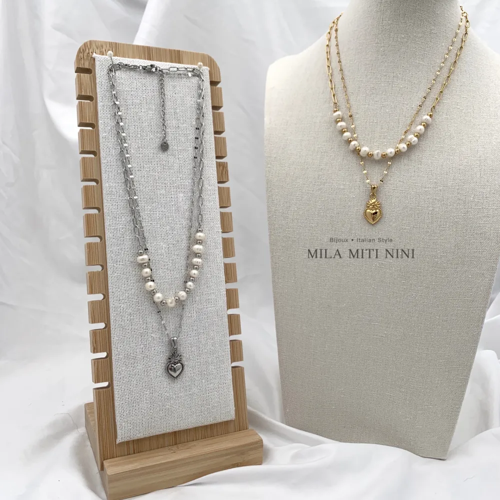 [CAC-600-B221] Doppio con Perla e Sacro Cuore -Collana Corta in Acciaio - CAC-600-B221 (Argento)