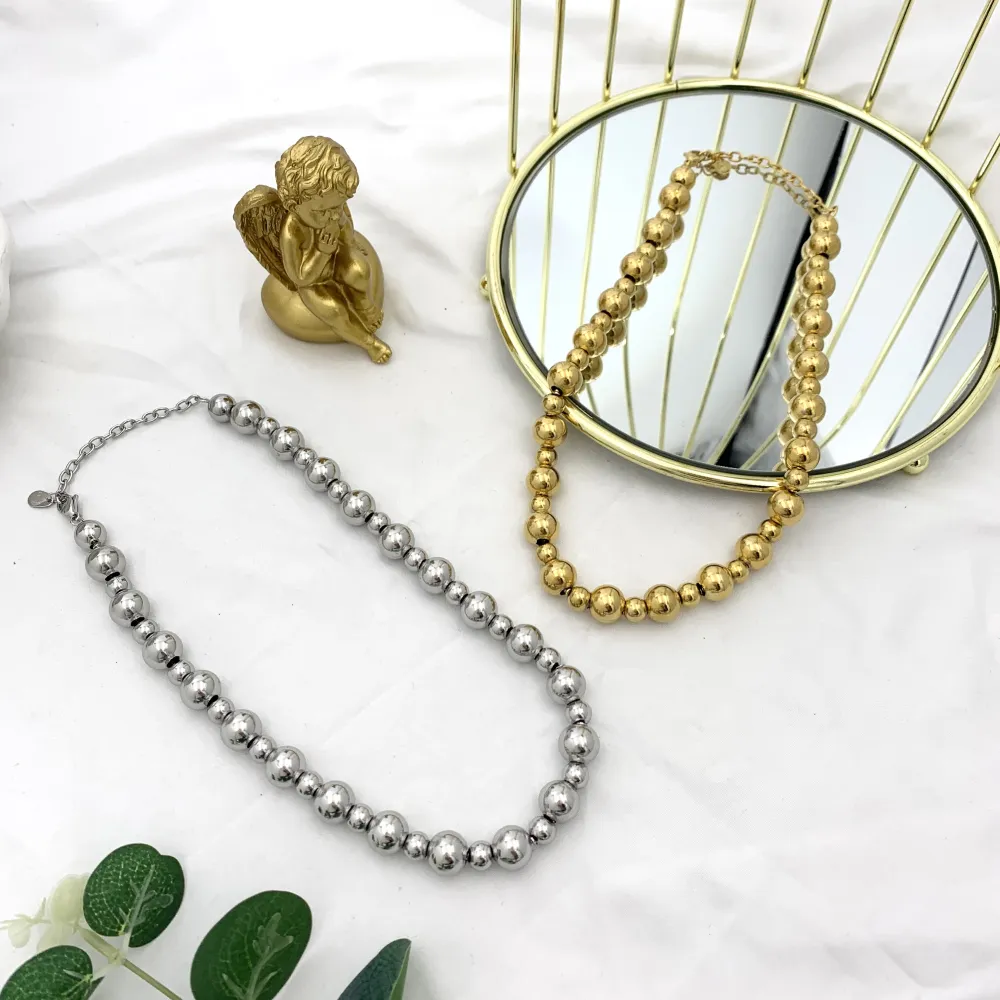 Palline Vuote 12mm+8mm-Collana Corta in Acciaio - CAC-732-243 (Oro Giallo)