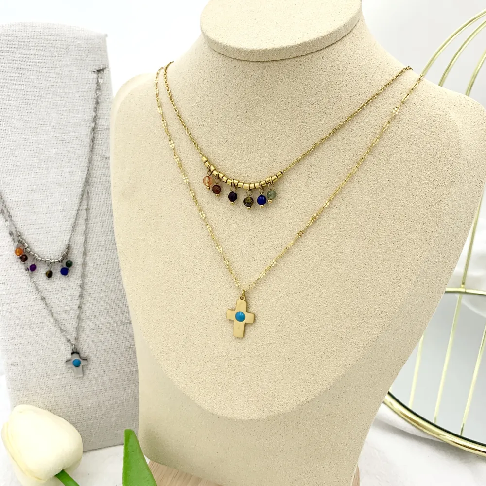 Doppio Catena con Croce-Collana Corta in Acciaio - CAC-732-26 (Oro Giallo)